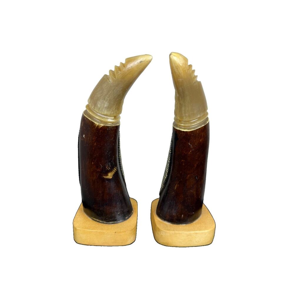 Vintage Carved Cattle Horn Mask Sculptures Pair Folk Art Boho - Picture 3 of 11